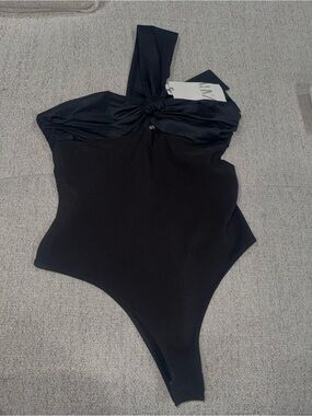 NWT Zara Black One-Shoulder Knot-Detail Bodysuit